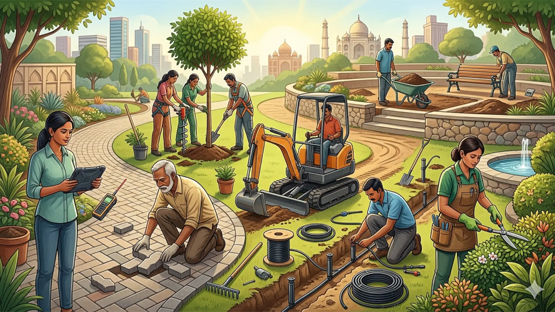 Рабочие по благоустройству ландшафтного дизайна